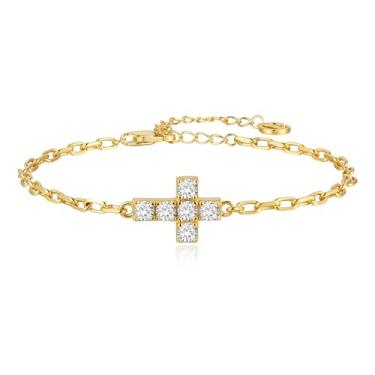 Imagem de Cicy Bell Pulseira feminina banhada a ouro 18 k com cruz de zircônia cúbica, corrente de elos delicados, joias de fé, batismo cristão, presentes religiosos, FreeSize, Latão banhado a ouro 18K