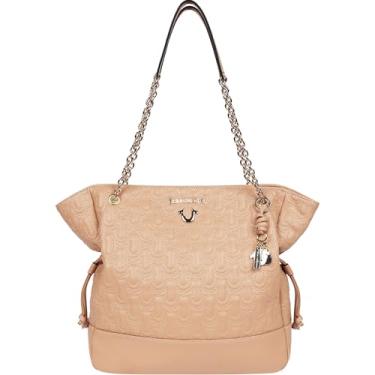 Imagem de True Religion Sacola, bolsa lateral com logotipo macio com estampa de ferradura, tiras de corrente e ferragens douradas, camelo