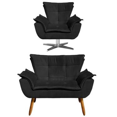 Imagem de Kit Namoradeira 2 Lugares E 1 Poltrona Decorativa Giratória Cromada Opla Suede Preto - Ibiza