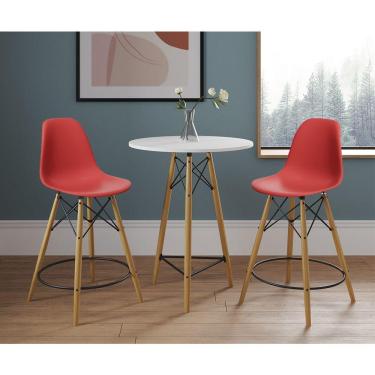 Imagem de Conjunto Bistrô Eames Eiffel Mesa Branca Com 2 Banquetas Vermelhas De Madeira