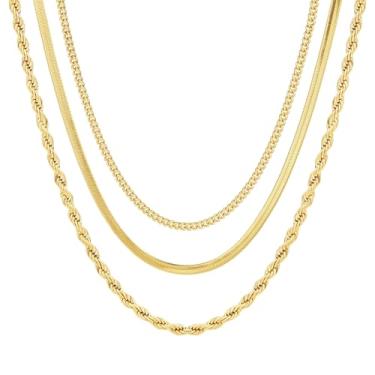 Imagem de Pancert Colar em camadas para mulheres, colar de espinha de peixe banhado a ouro 14K, gargantilha, multicamadas, clipe de papel, Cuba, Fígaro, conjunto de acessórios de corrente, joia não manchada