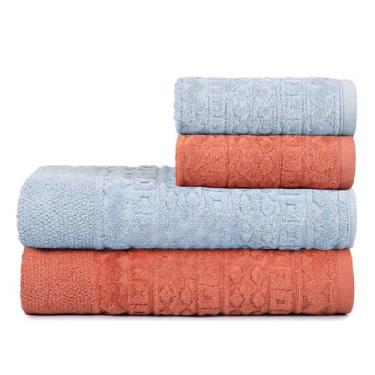 Imagem de Toalha de Banho Gigante, Jogo/Kit 4 Toalhas (2 Banho + 2 Rosto) Macia Algodão Luxo Barra Aveludada Alta Absorção(Céu de Inverno + Telha)