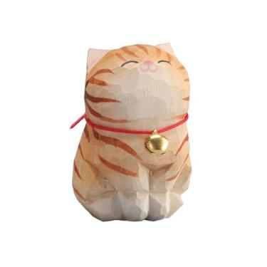 Imagem de Poranlem Estatueta de gato de madeira feita à mão com coleira de sino esculpida à mão, enfeite fofo exclusivo para amantes de animais, presente de arte folclórica, decoração de escultura de gatinho