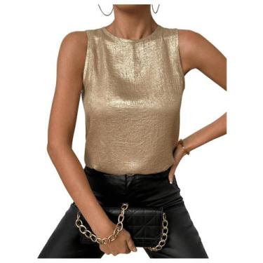 Imagem de Camiseta regata SOLY HUX metálica, gola redonda, sem mangas, dourada p