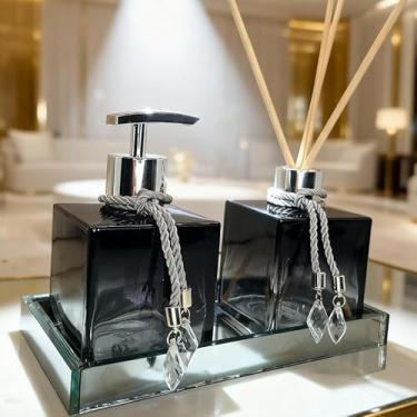 Imagem de Kit Lavabo Vidro 250ml Âmbar Luxo com Difusor, Saboneteira e Bandeja Decorativa Completa(Preto Degrade C/Prata,Sem Bandeja)