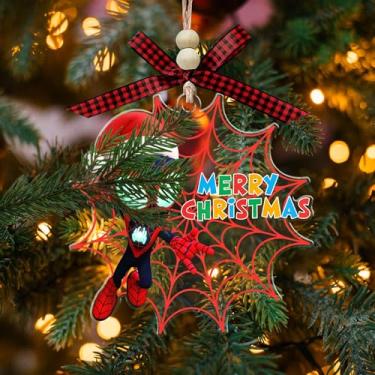 Imagem de Ornamento de acrílico de Natal de herói de aranha vermelha preta - decoração para pendurar árvore de férias - desenho animado estilo aranha, presente incrível para crianças - meninos - meninas - fãs