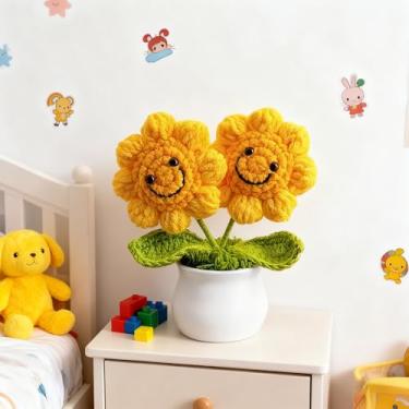 Imagem de Crochê duplo de girassol, arranjo floral tricotado feito à mão, flores artificiais amarelas vibrantes para decoração de mesa de escritório em casa