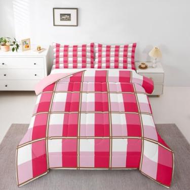 Imagem de jejeloiu Jogo de cama solteiro xadrez, rosa, branco, para crianças, meninos, meninas, geométrico, decoração de quarto, microfibra, 2 peças com 1 fronha