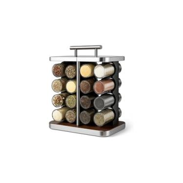 Imagem de Porta Temperos em Torre com 16 Potes de Vidro, Aço Inoxidável e Madeira, Base Fixa, Capacidade 80ml, 30x12x28cm, Design Moderno