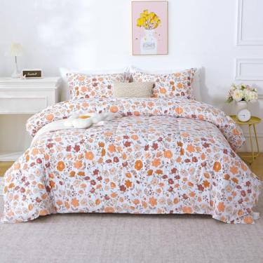 Imagem de Mooreeke Capa de edredom tamanho solteiro, conjunto de 2 peças de capa de edredom floral laranja e vermelho com fecho de zíper, conjunto de cama de microfibra com estampa botânica macia e respirável