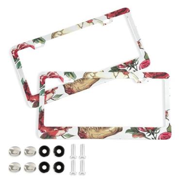 Imagem de SEHANY Molduras de placa de carro vintage rosa crânio, capas de alumínio à prova de ferrugem com furos elípticos e parafusos serve para veículos padrão dos EUA tamanho acessórios de carro para