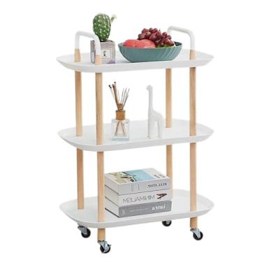 Imagem de Carrinho Organizador Multiuso 3 Prateleiras, Branco e Madeira, com Rodízios, Carrinhos de Armazenamento de Cozinha, Carrinhos de armazenamento de banheiro Estilo Moderno para Sala e Cozinha