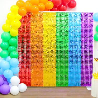 Imagem de LOLStar Cenário de parede brilhante com tema arco-íris, 24 peças de painéis de decoração de fundo de lantejoulas em cores arco-íris, adereço de cabine de fotos, decoração de aniversário, decoração de