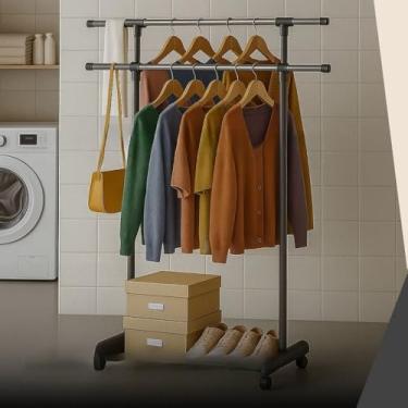 Imagem de Arara Dupla de Aço Inox com Rodinhas – Cabideiro Resistente Multiuso para Quarto com Sapateira