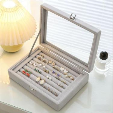 Imagem de Bandeja organizadora de anéis com 7 compartimentos, caixa de armazenamento de brincos de veludo com tampa transparente, estojo de exibição de joias para meninas, esposa, mãe, mulheres, cinza