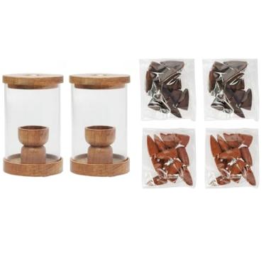 Imagem de HOSLEY Kit de queimador de incenso com refluxo de madeira e vidro, inclui 25 cones de incenso | Conjunto elegante de aromaterapia para casa, escritório, meditação e relaxamento