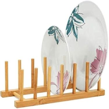 Imagem de Porta Prato Suporte Madeira Escorredor e Copo Bambu Cozinha