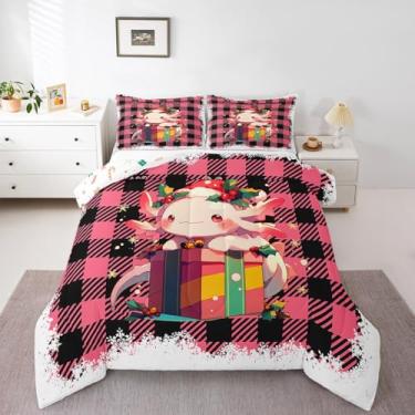 Imagem de Conjunto de edredom completo Axolotl, tritão, peixe ambulante, ornamentos de Natal, treliça geométrica, para crianças, meninas, meninos, animais anfíbios, salamandra, decoração de quarto preto e rosa