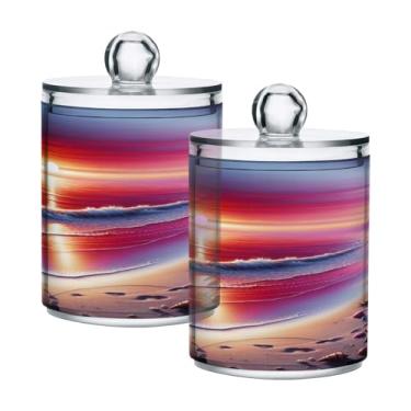 Imagem de Qilmy Qtip Suporte de boticário de plástico transparente para paisagens de praia, pôr do sol, boticário com tampa, dispensador de recipiente de banheiro para bola de algodão, cotonete, fio dental