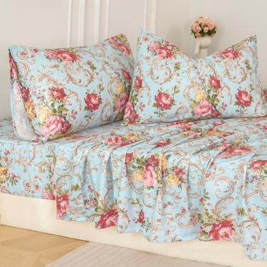 Imagem de Zusbest Jogo de lençol Queen azul vermelho floral 100% algodão, roupa de cama premium de luxo respirável para pessoas que dormem quentes, estilo country americano, surrado, vintage, flor, bolso