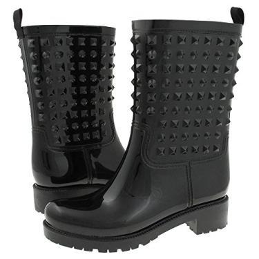 Imagem de Capelli New York Bota de chuva feminina, bota de chuva cravejada no meio da panturrilha, botas de chuva de borracha com alça traseira, preta, Preto, 37