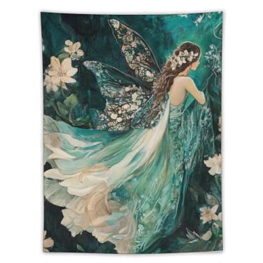 Imagem de Tapeçaria de jardim de fadas azul vintage para pendurar na parede esmeralda floresta etérea mulher borboleta asas arte para quarto sala de estar dormitório apartamento Boho Fairycore decoração