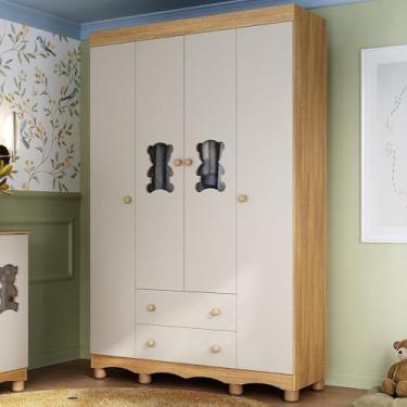 Imagem de Guarda-roupa Infantil 122cm com Vidro 4 Portas e 2 Gavetas Ternura Multimóveis Mp4478 Madeirado/off White
