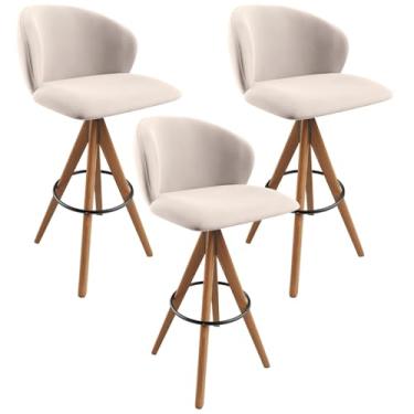 Imagem de Kit 03 Banquetas Alta Giratória Bar Cozinha Sala de Jantar Bar Mia L02 Suede Bege - Lyam Decor