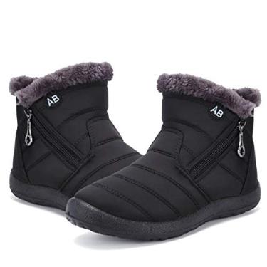 Imagem de Botas de neve femininas forradas com pele de inverno, botas de cano curto impermeáveis com zíper lateral, botas leves e quentes para uso ao ar livre, botas de caminhada para meninas, Preto, 8