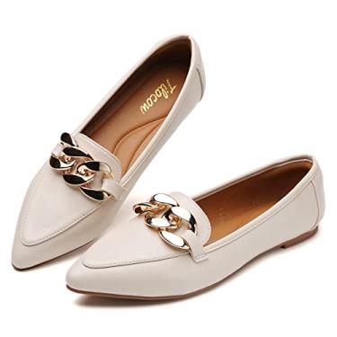 Imagem de Tilocow Mocassins de corrente de metal para mulheres, sem cadarço, bico fino, confortável, moderno, para trabalho e negócios, Bege, 8