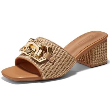 Imagem de Coutgo Sandálias femininas Raffia Slide Salto bloco bloco quadrado aberto corrente de metal slip on Mules sapatos elegantes, Marrom, 40