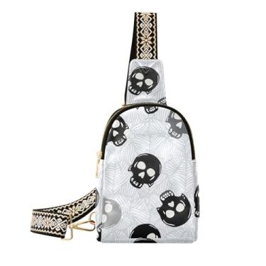 Imagem de CEBUGI Bolsa feminina com caveiras pretas e cinzentas, bolsa tiracolo de couro, pochete para caminhadas, viagens ao ar livre