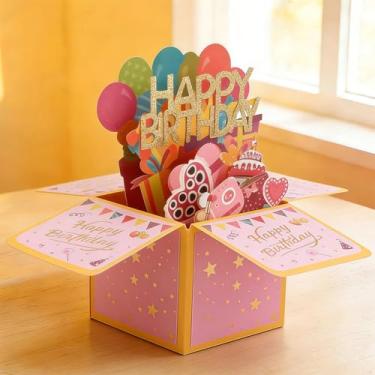 Imagem de Cartões de feliz aniversário pop-up 3D, cartão de felicitações de bolo fofo para amigos e famílias, borboletas 3D e buquê de flores para sempre - Rosa/Feliz aniversário