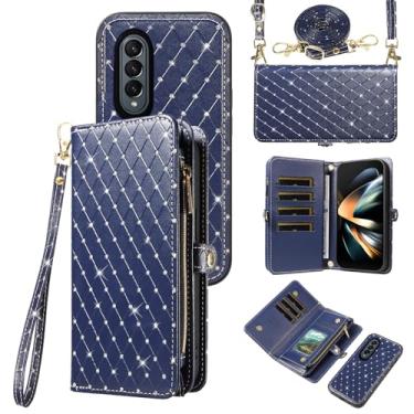 Imagem de Capa de celular para Samsung Galaxy Z Fold 4 5G 2022 com zíper carteira destacável com alça transversal alça de cordão bling glitter flip compartimento para cartão ZFold4 Z4 Fold4 4Z ZFold45G mulheres