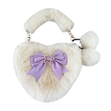 Imagem de Lolita Bolsa tiracolo de coração peludo feminina Kawaii fofa bolsa de ombro de pele sintética bolsa de mão com alça de corrente, Laço branco e roxo