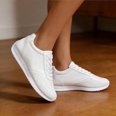 Imagem de Tênis feminino de couro, branco, versátil, casual, sem salto, leve, cano baixo, para uso diário, Branco, 39