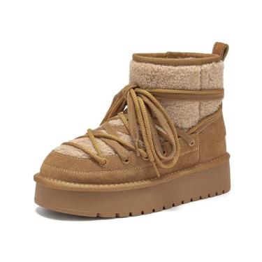 Imagem de BEAU TODAY Botas de neve femininas, botas de inverno antiderrapantes com plataforma, botas de pele quente com cadarço e bico redondo para mulheres, botas de caminhada confortáveis de pele sintética