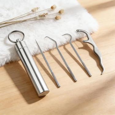 Imagem de Conjunto de 4 palitos longos de aço inoxidável, palhetas dentárias reutilizáveis portáteis com bolsa para chaveiros, ideal para remoção de detritos interdentais, limpeza oral, adequado para casa