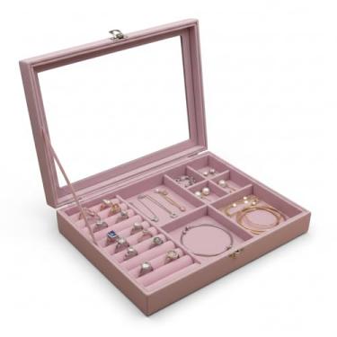 Imagem de Estojo Porta Joias Organizador com Divisórias e Visor transparente - Acabamento Aveludado e Fecho Metálico – Para Brincos, Anéis, Pulseiras e Colares (Rose)