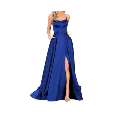 Imagem de Vestido Longo De Festa Azul Marinho Com Alças Finas E Fenda Para Madri