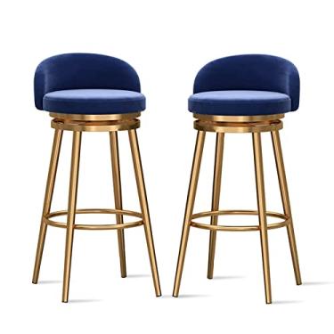 Imagem de Banquetas de balcão Conjunto de 2 - Bancos de bar estofados de veludo com perna de metal dourado, cadeiras de bar de ilha de cozinha modernas cadeiras de jantar com encosto baixo, 64 cm A, azul