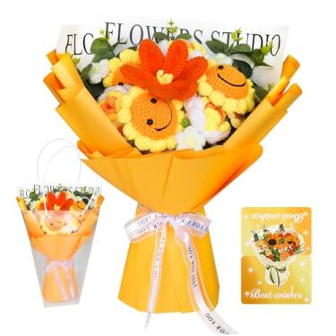 Imagem de Buquê de flores de crochê, flor de girassol tricotada, buquê feito à mão – buquê de flores sorridentes de girassol, decorações de dia dos namorados, festas de aniversário, dia das mães, presentes de