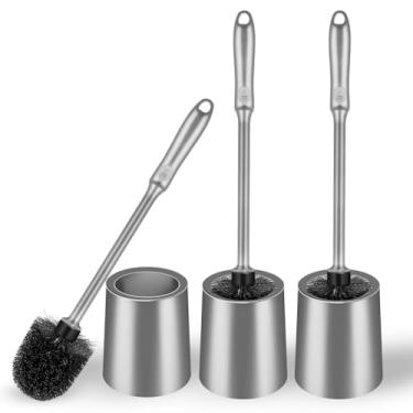Imagem de Escova de vaso sanitário e suporte pacote com 3 com cabo longo - conjunto de escovas de vaso sanitário antiderrapante para limpeza profunda do banheiro, esfregão de vaso sanitário - cinza