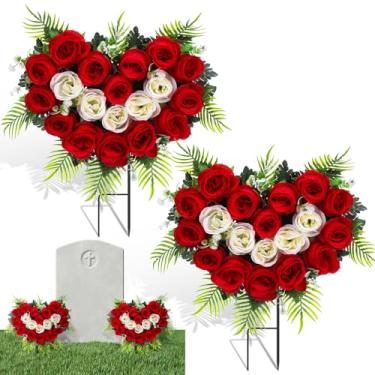 Imagem de Luinabio 2 conjuntos de flores de cemitério de dia dos namorados para túmulos em forma de coração com ramo de flores de rosas vermelhas e brancas para decoração de lápide ao ar livre