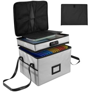 Imagem de Caixa de documentos à prova de fogo com trava dupla e alça, a camada superior tem dois compartimentos, cada compartimento é equipado com 14 compartimentos para cartão para pasta de letras suspensas