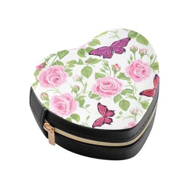 Imagem de Burbuja Caixa de joias em forma de coração de rosas rosa mini estojo de joias de viagem para mulheres e meninas, estojo portátil organizador de armazenamento para brincos, anéis, colares e pulseiras