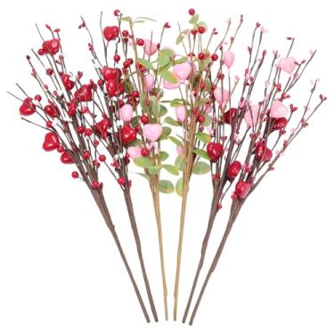 Imagem de WADORN 6 peças, 3 estilos de palitos de coração para o dia dos namorados, flores vermelhas artificiais, ramos, bagas em forma de coração, para presente de dia dos namorados, arranjo floral, decoração