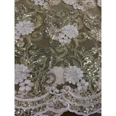 Imagem de Sedona Designz Tecido de renda floral Queen com cordão de 127 cm de largura com lantejoulas – Tecido bordado de malha com bordas recortadas para formatura, vestidos de noiva, decoração e projetos de