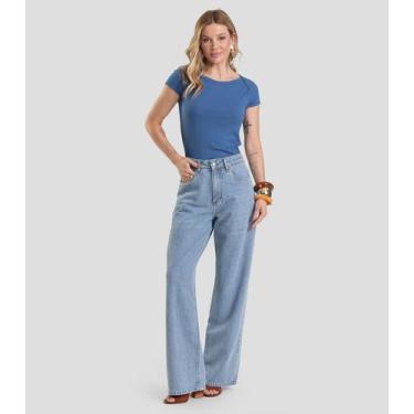 Imagem de Calça Jeans Feminina Wide Leg Cintura Alta Dianna Azul, M, Azul