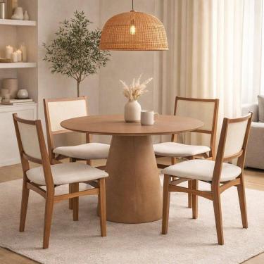 Imagem de Conjunto Sala de Jantar Serena com Mesa e 4 Cadeiras com Encosto em Tela Mira Madeira Nogueira/Bege